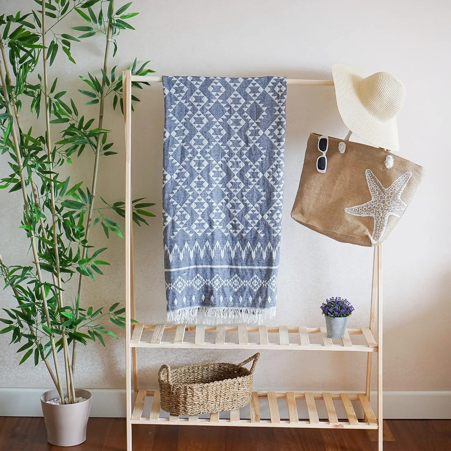 Turkish Beach Towel Oversized 37x72, Quick Dry Soft Beach Blanket Large, 100% Organic Turkish Cotton Sand Free, Turkish Bath Towels for Beach, SPA, Pool, Bathroom and Picnic - Ethnic Blue