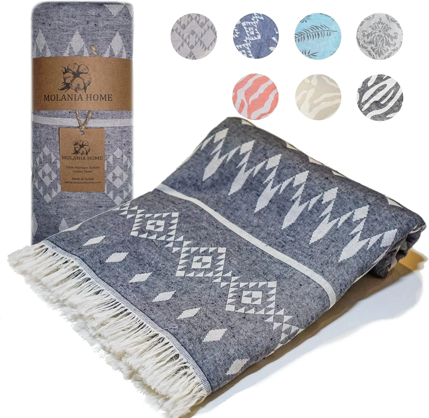Turkish Beach Towel Oversized 37x72, Quick Dry Soft Beach Blanket Large, 100% Organic Turkish Cotton Sand Free, Turkish Bath Towels for Beach, SPA, Pool, Bathroom and Picnic - Ethnic Blue