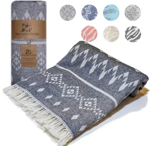 Turkish Beach Towel Oversized 37x72, Quick Dry Soft Beach Blanket Large, 100% Organic Turkish Cotton Sand Free, Turkish Bath Towels for Beach, SPA, Pool, Bathroom and Picnic - Ethnic Blue