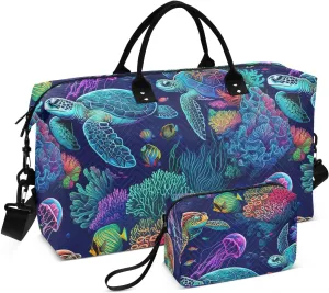 Turtle Corals Jellyfish Navy Sports Gym Bag for Women Men Travel Duffel Bag Weekend Overnight Carry on Bag with Toiletry Bag Training Handbag for Plane Hospital Workout Swimming Yoga