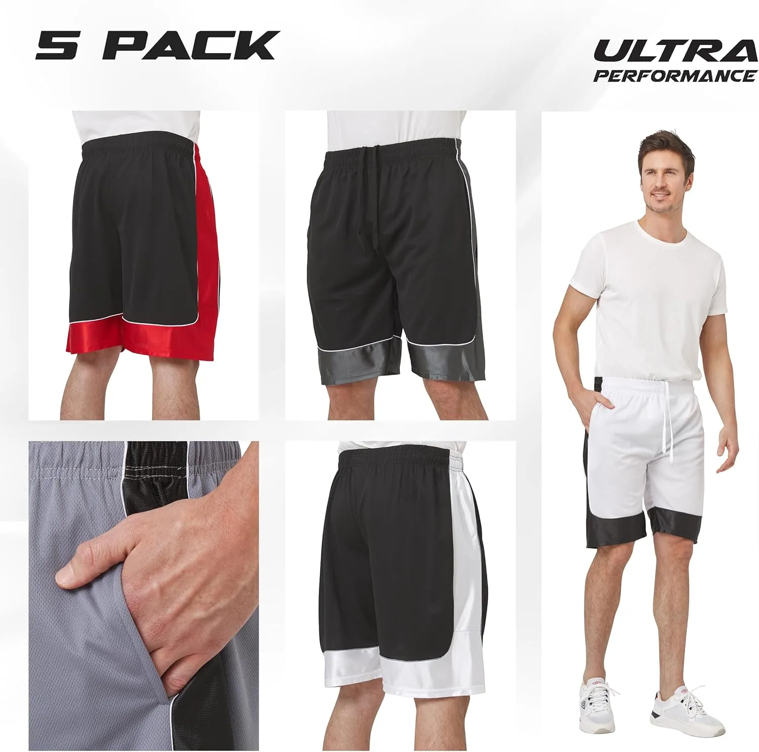Ultra Performance 5 Pack Mens Shorts, Athletic Gym Shorts Workout Basketball Shorts for Men, SM - 5X