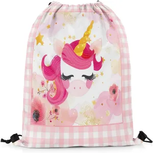 Unicorn Drawstring Backpack 13"x16" Watercolor Pink Flowers Wild Animal Dreamy String Bag Sports Sackpack Cartoon Glitter Golden Stars Decor Drawstring Bag for Adults Men Women