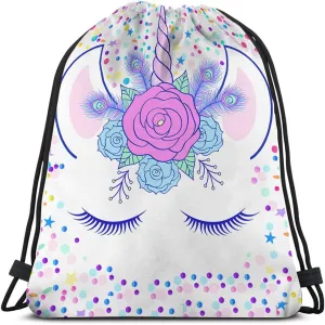 Unicorn Drawstring Backpack Bag Multicolor 14x16.9 Inch Modern Floral Unisex Adult Sports Gym Sack