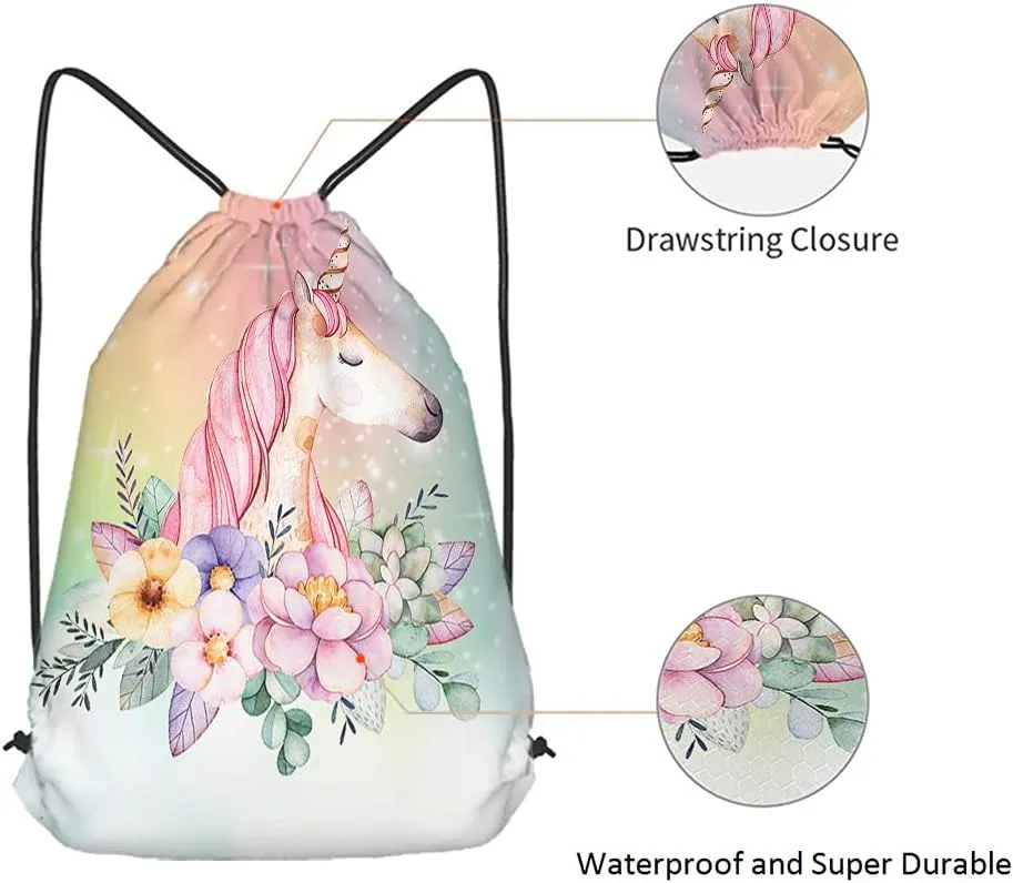 Unicorn Drawstring Bags Backpack Bag Pink Animal Wavy Hair Unicorn Summer Flowers Stars Galaxy Nebula Universe Rainbow Sport Gym Sack Drawstring Bag String Bag Yoga Bag for Men Women