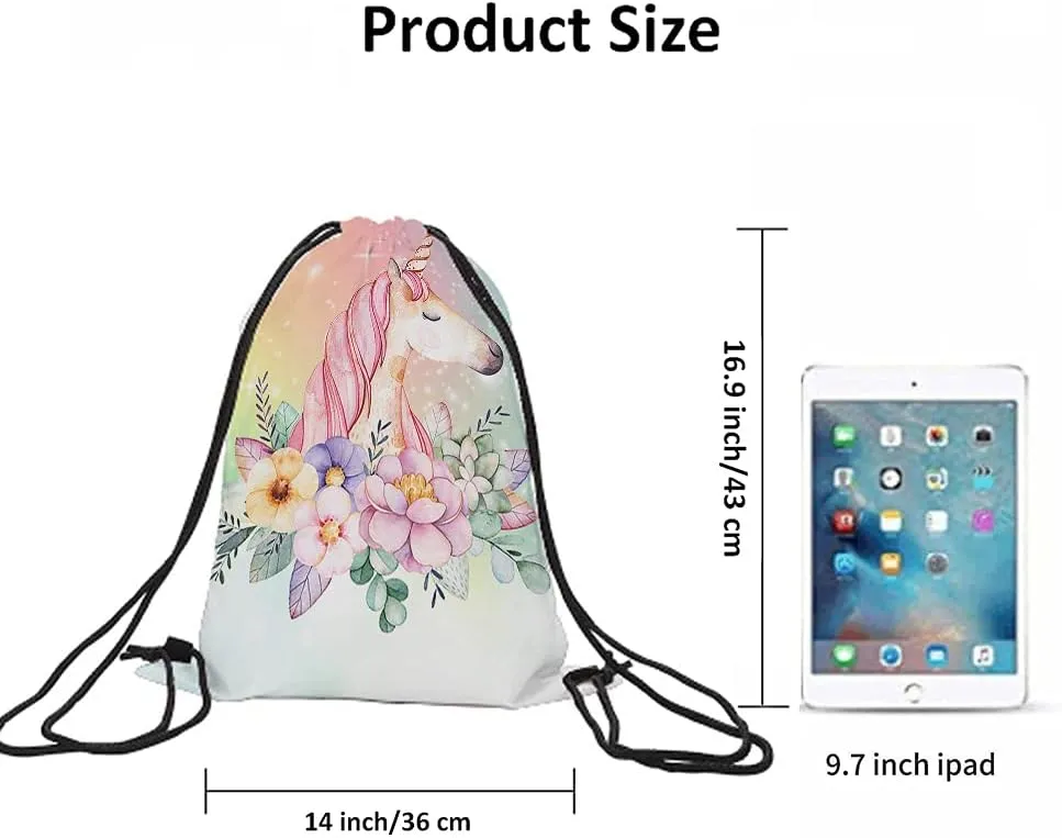 Unicorn Drawstring Bags Backpack Bag Pink Animal Wavy Hair Unicorn Summer Flowers Stars Galaxy Nebula Universe Rainbow Sport Gym Sack Drawstring Bag String Bag Yoga Bag for Men Women