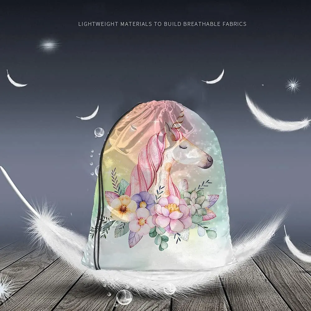 Unicorn Drawstring Bags Backpack Bag Pink Animal Wavy Hair Unicorn Summer Flowers Stars Galaxy Nebula Universe Rainbow Sport Gym Sack Drawstring Bag String Bag Yoga Bag for Men Women