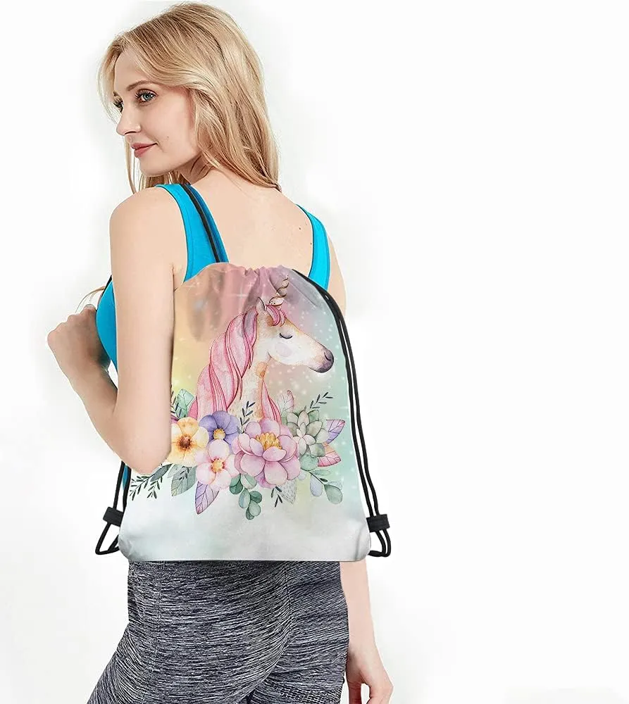Unicorn Drawstring Bags Backpack Bag Pink Animal Wavy Hair Unicorn Summer Flowers Stars Galaxy Nebula Universe Rainbow Sport Gym Sack Drawstring Bag String Bag Yoga Bag for Men Women