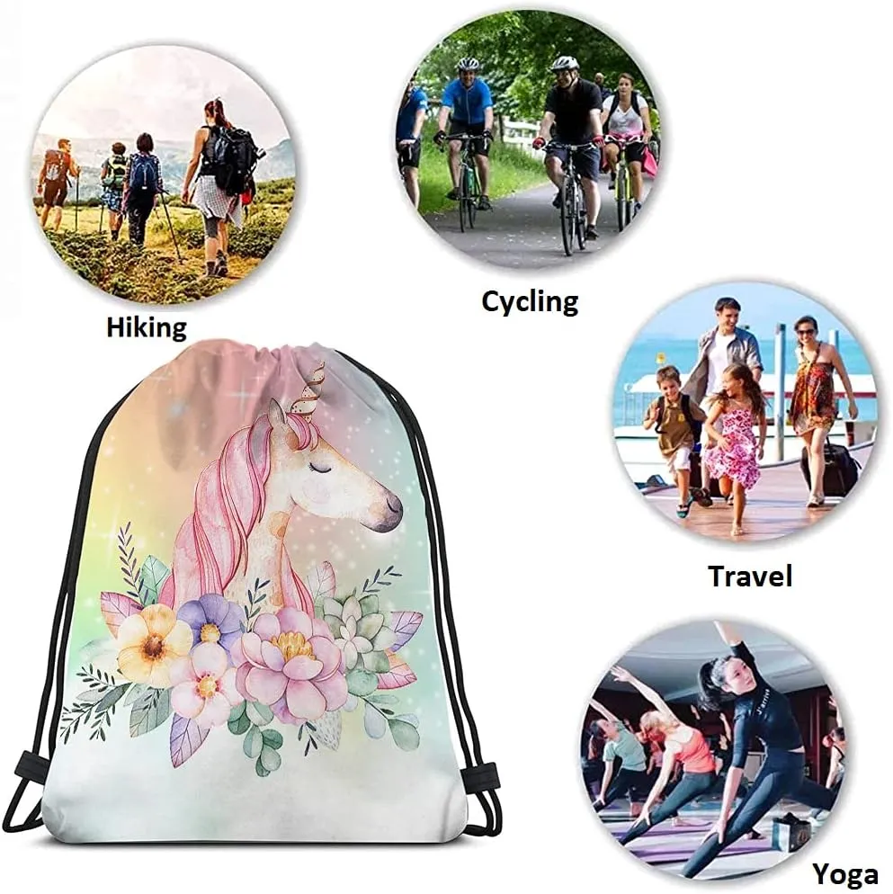 Unicorn Drawstring Bags Backpack Bag Pink Animal Wavy Hair Unicorn Summer Flowers Stars Galaxy Nebula Universe Rainbow Sport Gym Sack Drawstring Bag String Bag Yoga Bag for Men Women
