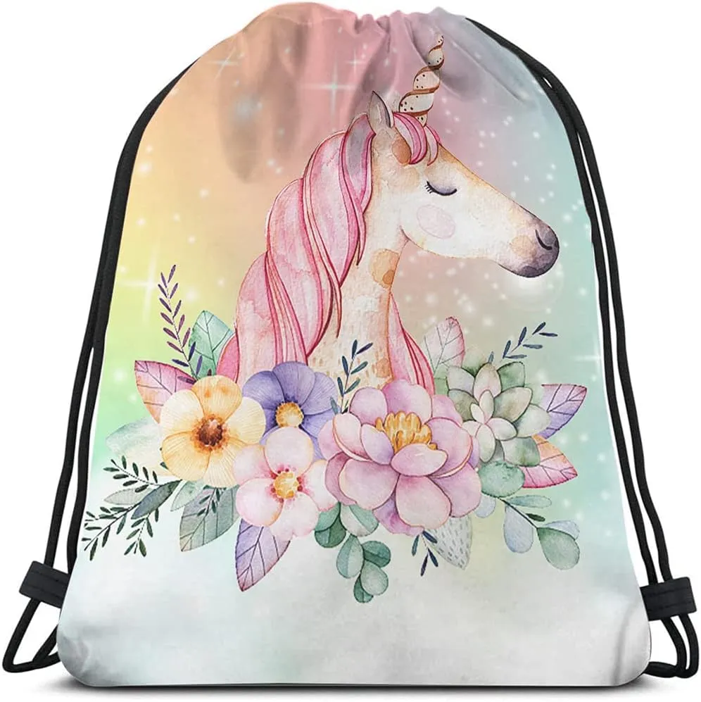 Unicorn Drawstring Bags Backpack Bag Pink Animal Wavy Hair Unicorn Summer Flowers Stars Galaxy Nebula Universe Rainbow Sport Gym Sack Drawstring Bag String Bag Yoga Bag for Men Women
