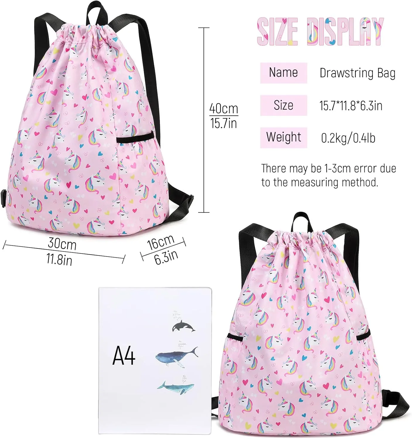Unicorn Gym Drawstring Backpack, Sports Gym Bag for Girls Kids Waterproof Swimming Beach Sackpack Birthday Christmas Gift with Water Bottle Pocket Pink