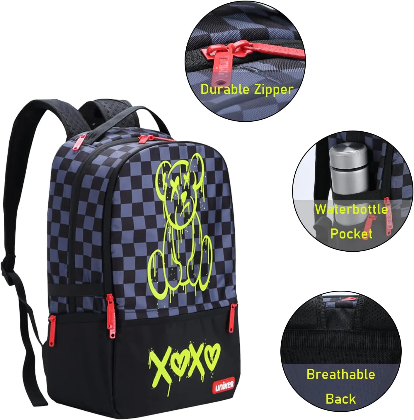 UNIKER Laptop Backpack with USB Port,Graffiti Backpack for Work,Cartoon School Backpack,Designer Laptop Backpack for 15.6 Inch,Black Bear