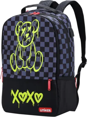 UNIKER Laptop Backpack with USB Port,Graffiti Backpack for Work,Cartoon School Backpack,Designer Laptop Backpack for 15.6 Inch,Black Bear