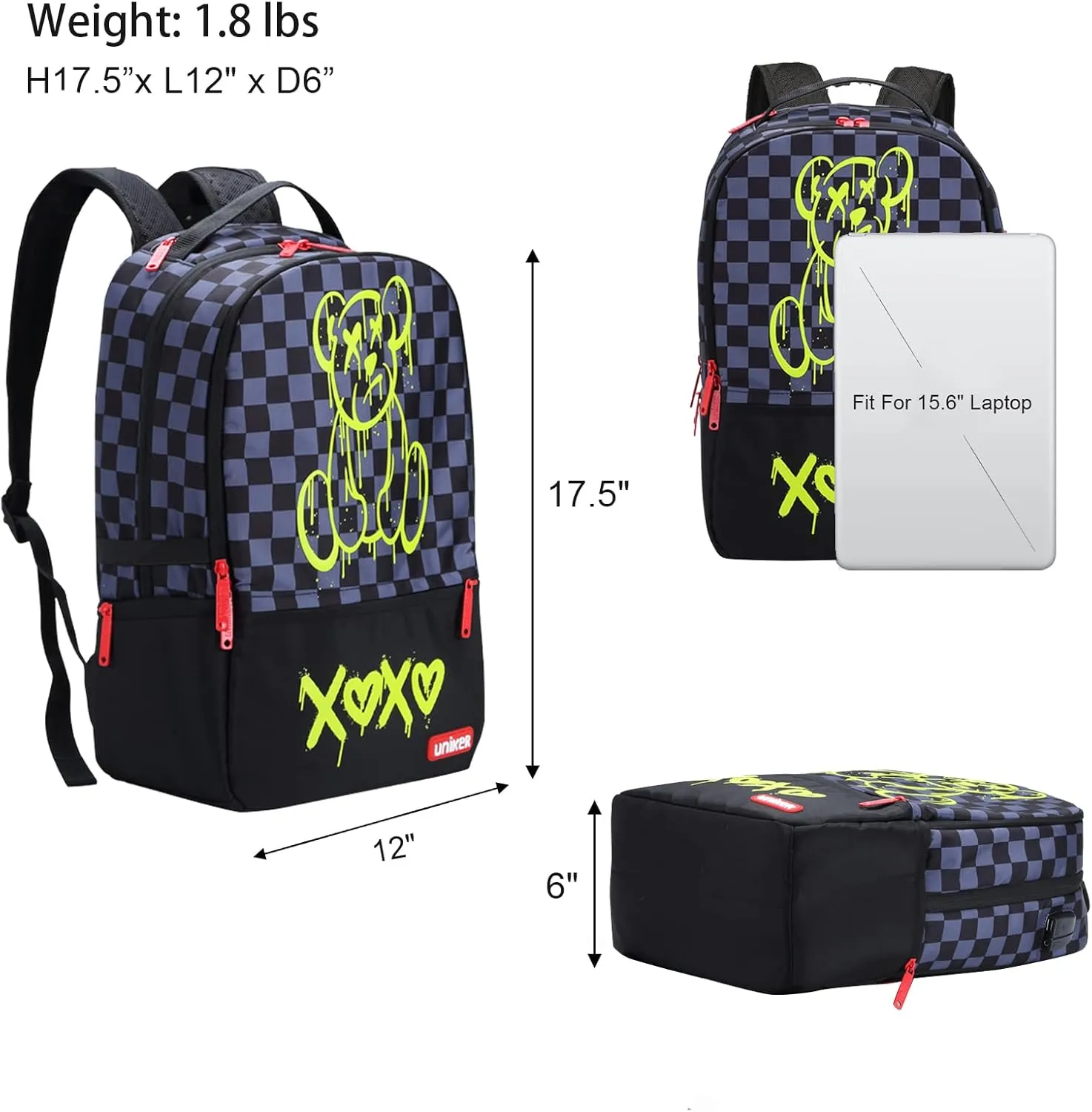 UNIKER Laptop Backpack with USB Port,Graffiti Backpack for Work,Cartoon School Backpack,Designer Laptop Backpack for 15.6 Inch,Black Bear