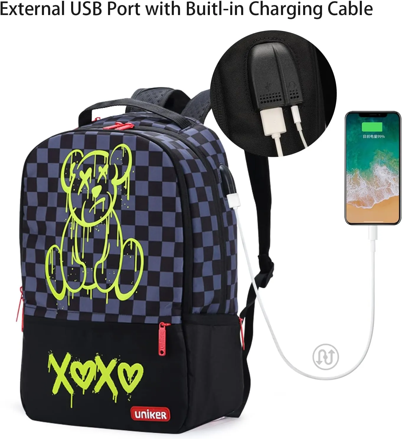 UNIKER Laptop Backpack with USB Port,Graffiti Backpack for Work,Cartoon School Backpack,Designer Laptop Backpack for 15.6 Inch,Black Bear
