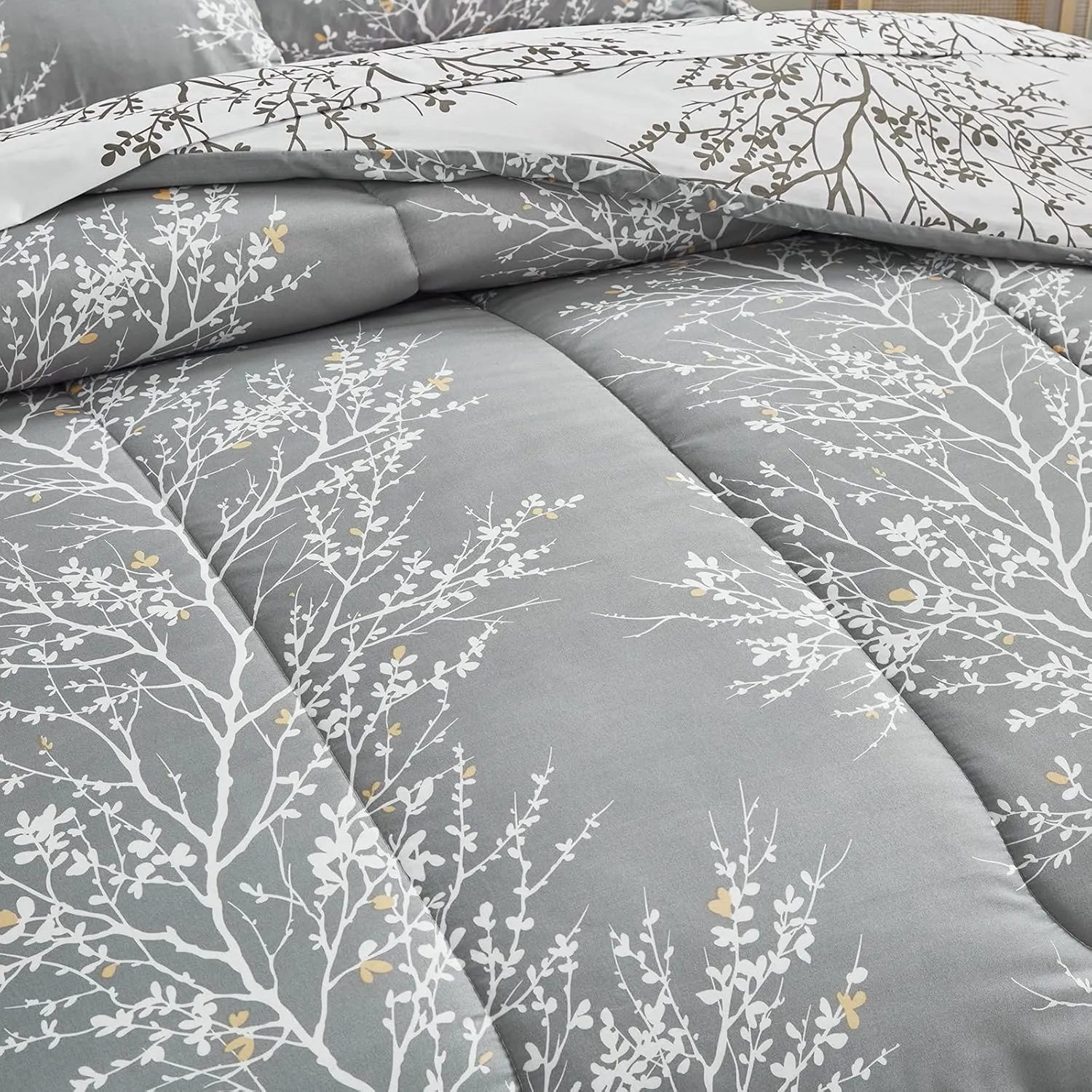 UOZZI BEDDING Bed in a Bag 7 Pieces King Size Gray Branches with Yellow Dots - Soft Microfiber Reversible Bed Comforter Set (1 Comforter Pillow Shams 1 Flat Sheet 1 Fitted Sheet 2 Pillowcases)