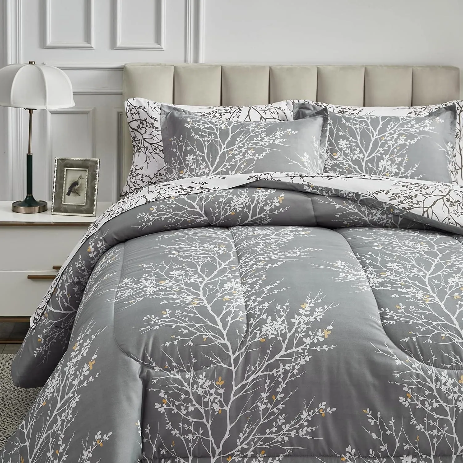 UOZZI BEDDING Bed in a Bag 7 Pieces King Size Gray Branches with Yellow Dots - Soft Microfiber Reversible Bed Comforter Set (1 Comforter Pillow Shams 1 Flat Sheet 1 Fitted Sheet 2 Pillowcases)