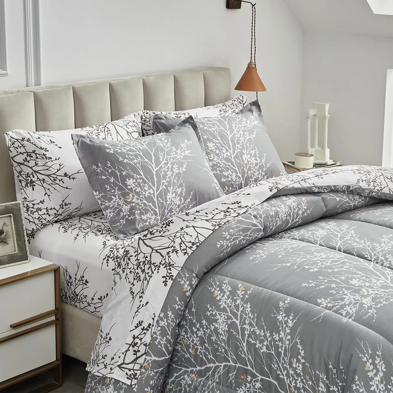 UOZZI BEDDING Bed in a Bag 7 Pieces King Size Gray Branches with Yellow Dots - Soft Microfiber Reversible Bed Comforter Set (1 Comforter Pillow Shams 1 Flat Sheet 1 Fitted Sheet 2 Pillowcases)