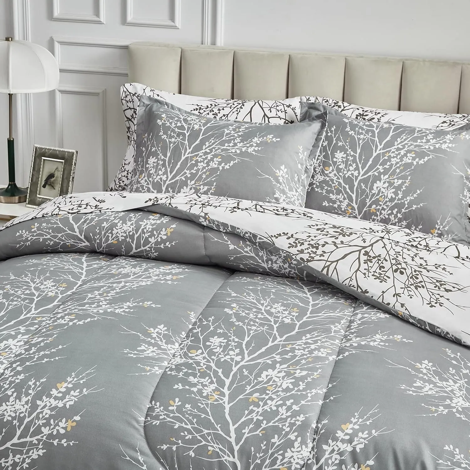 UOZZI BEDDING Bed in a Bag 7 Pieces King Size Gray Branches with Yellow Dots - Soft Microfiber Reversible Bed Comforter Set (1 Comforter Pillow Shams 1 Flat Sheet 1 Fitted Sheet 2 Pillowcases)