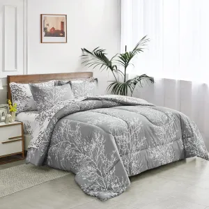 UOZZI BEDDING Bed in a Bag 7 Pieces King Size Gray Branches with Yellow Dots - Soft Microfiber Reversible Bed Comforter Set (1 Comforter Pillow Shams 1 Flat Sheet 1 Fitted Sheet 2 Pillowcases)