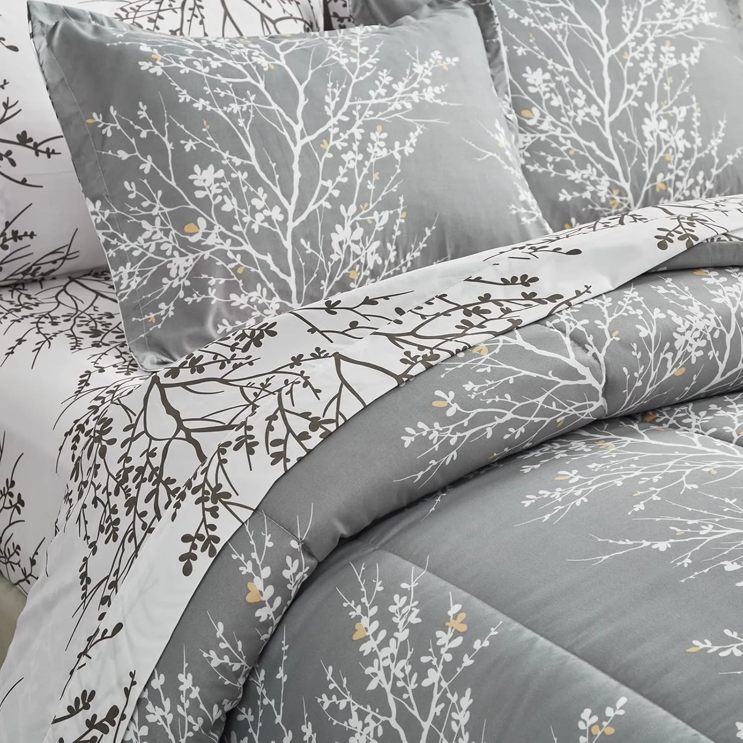 UOZZI BEDDING Bed in a Bag 7 Pieces King Size Gray Branches with Yellow Dots - Soft Microfiber Reversible Bed Comforter Set (1 Comforter Pillow Shams 1 Flat Sheet 1 Fitted Sheet 2 Pillowcases)