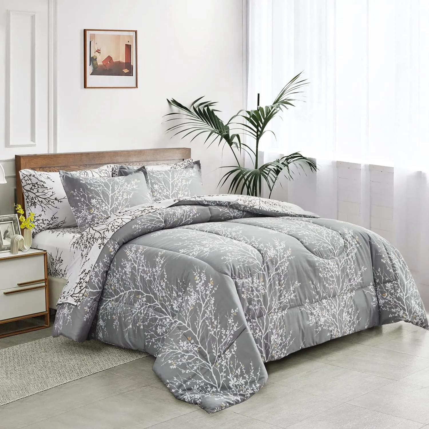 UOZZI BEDDING Bed in a Bag 7 Pieces King Size Gray Branches with Yellow Dots - Soft Microfiber Reversible Bed Comforter Set (1 Comforter Pillow Shams 1 Flat Sheet 1 Fitted Sheet 2 Pillowcases)