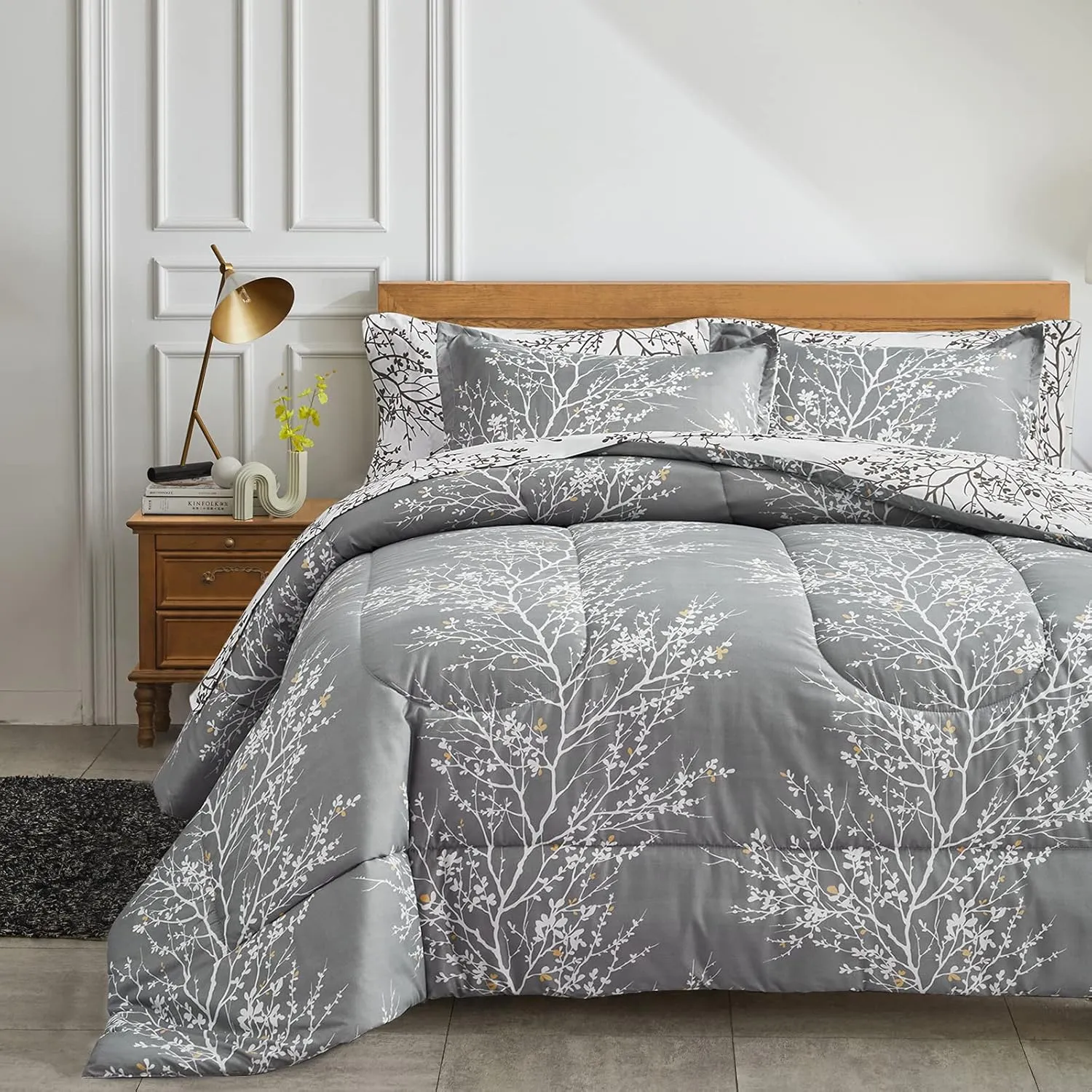 UOZZI BEDDING Bed in a Bag 7 Pieces King Size Gray Branches with Yellow Dots - Soft Microfiber Reversible Bed Comforter Set (1 Comforter Pillow Shams 1 Flat Sheet 1 Fitted Sheet 2 Pillowcases)