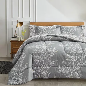 UOZZI BEDDING Bed in a Bag 7 Pieces Queen Size Gray Branches with Yellow Dots - Soft Microfiber Reversible Bed Comforter Set (1 Comforter 2 Pillow Shams 1 Flat Sheet 1 Fitted Sheet 2 Pillowcases)