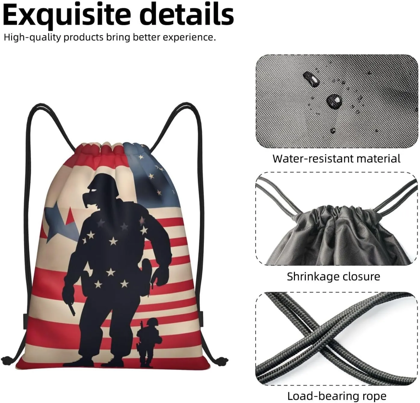 US Military Soldiers Patriotic Memorial Day Print Drawstring Bags,Gym Sport Sack Drawstring Bag Suitable for sport Swimming Travel.