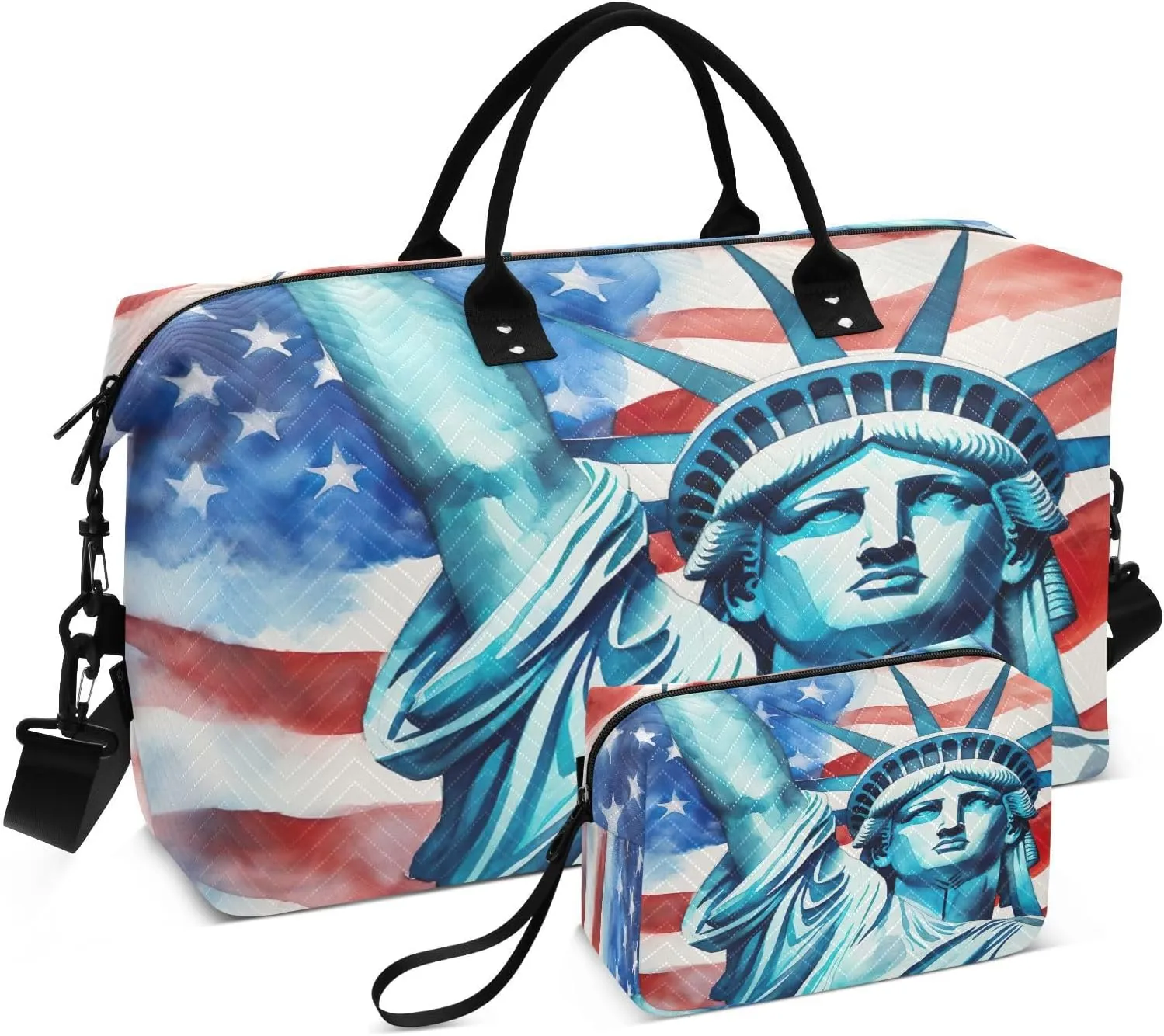 Usa Flag Statue Of Liberty Sports Gym Bag for Women Men Travel Duffel Bag Weekend Overnight Carry on Bag with Toiletry Bag Air Travel Bag for Hospital Plane Swimming Yoga Workout