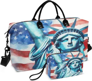 Usa Flag Statue Of Liberty Sports Gym Bag for Women Men Travel Duffel Bag Weekend Overnight Carry on Bag with Toiletry Bag Air Travel Bag for Hospital Plane Swimming Yoga Workout