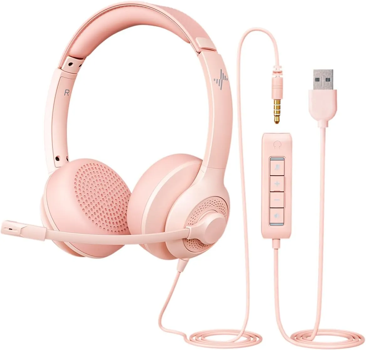 USB Headset with Microphone for PC, On-Ear Computer Laptop Headphones with Noise Cancelling Mic in-line Control for Home Office Online Class Zoom (USB 3.5mm, Pink)