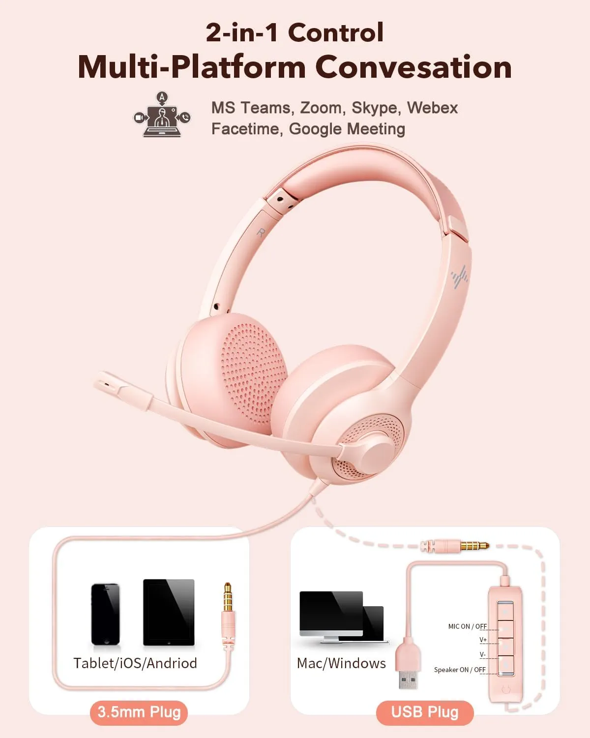 USB Headset with Microphone for PC, On-Ear Computer Laptop Headphones with Noise Cancelling Mic in-line Control for Home Office Online Class Zoom (USB 3.5mm, Pink)