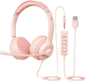 USB Headset with Microphone for PC, On-Ear Computer Laptop Headphones with Noise Cancelling Mic in-line Control for Home Office Online Class Zoom (USB 3.5mm, Pink)