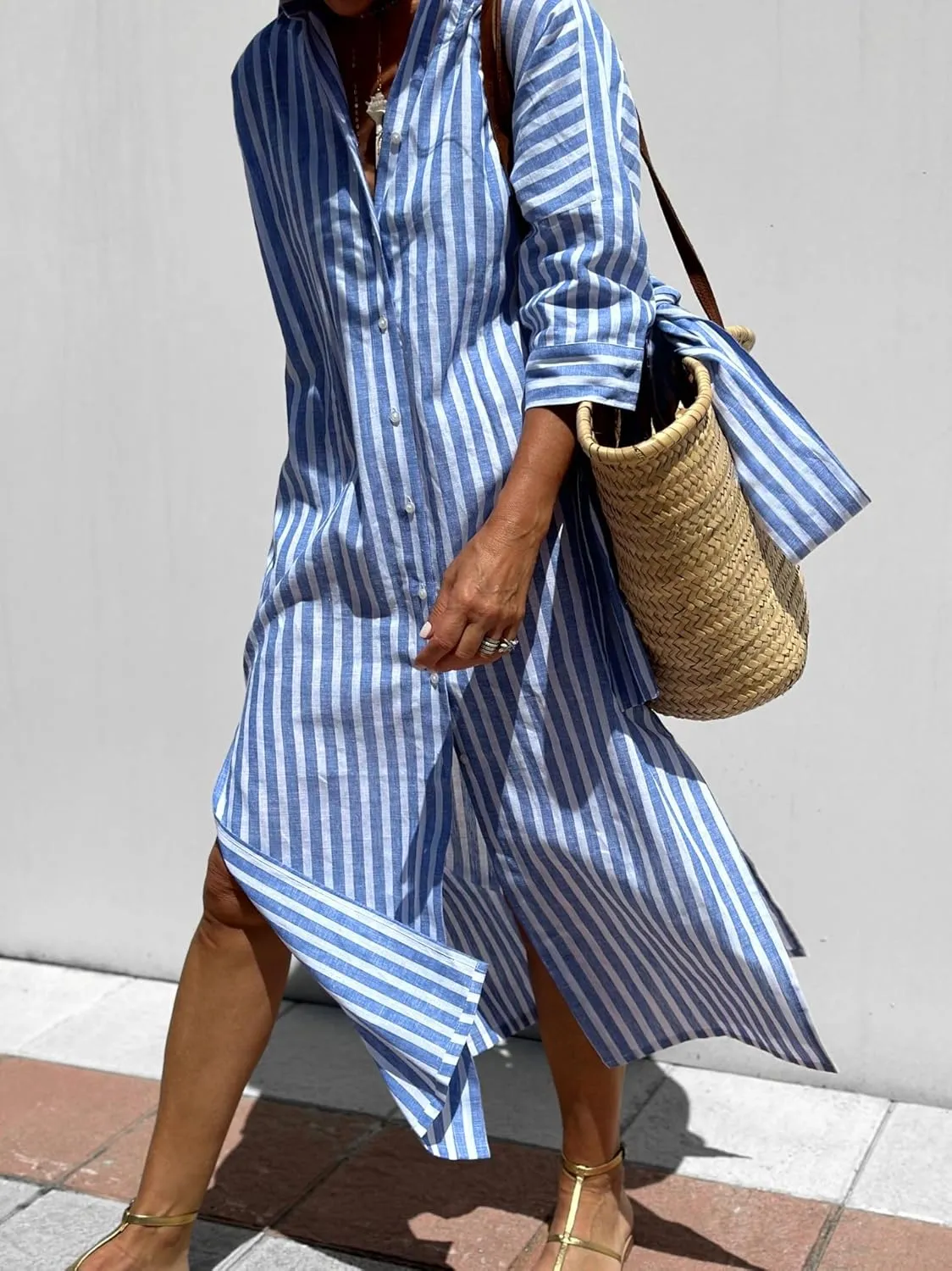 utcoco Womens 2025 Shirt Dress Casual Lapel 3/4 Sleeve Button Down Split Belted Vacation Maxi Dress