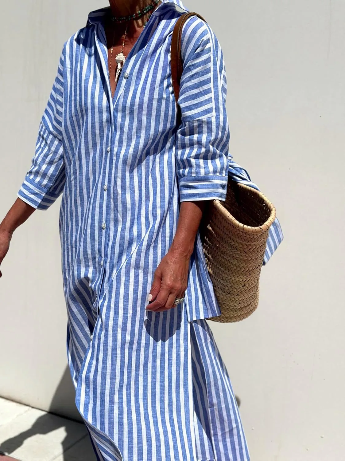 utcoco Womens 2025 Shirt Dress Casual Lapel 3/4 Sleeve Button Down Split Belted Vacation Maxi Dress
