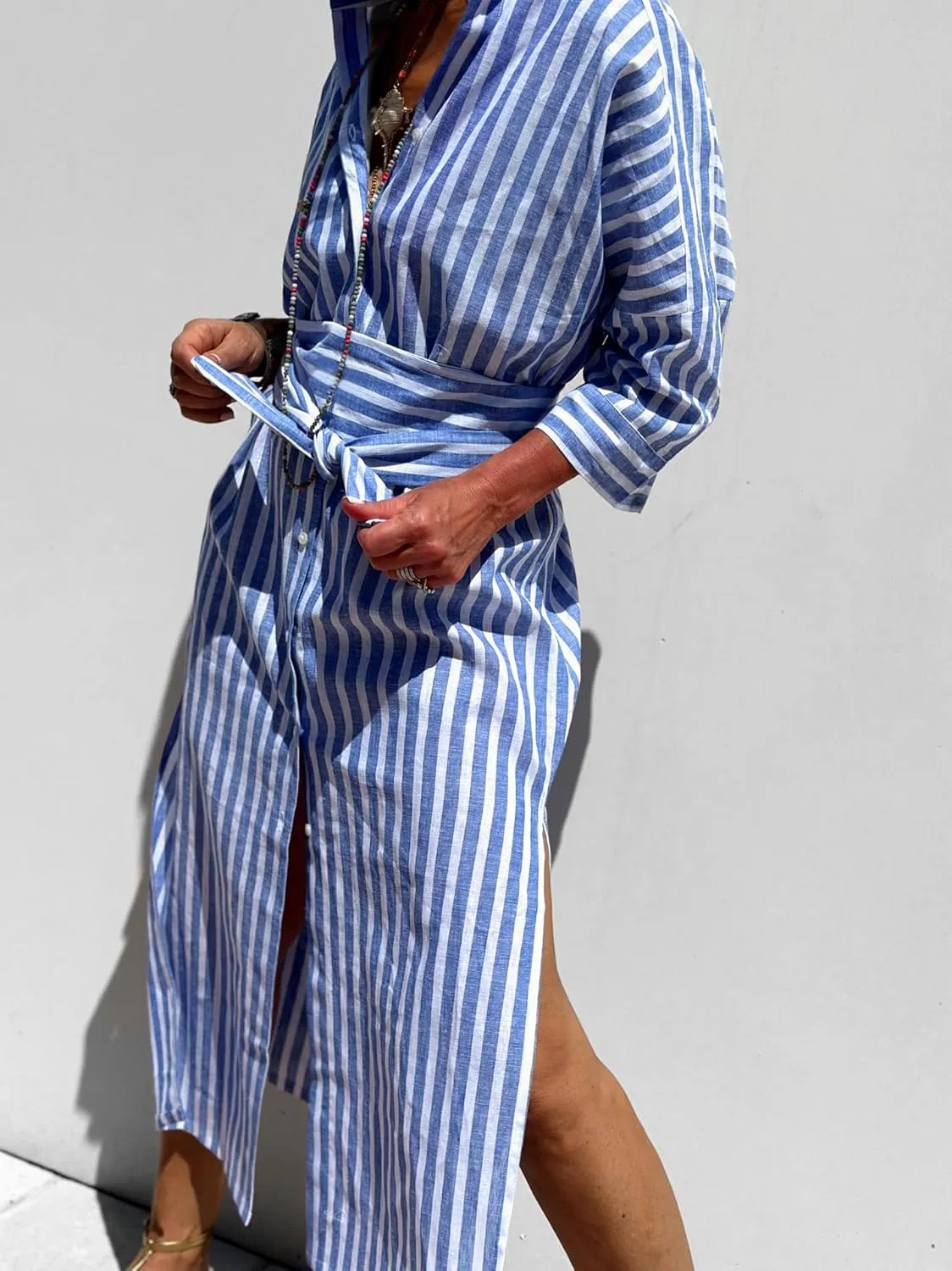 utcoco Womens 2025 Shirt Dress Casual Lapel 3/4 Sleeve Button Down Split Belted Vacation Maxi Dress