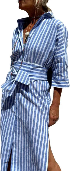 utcoco Womens 2025 Shirt Dress Casual Lapel 3/4 Sleeve Button Down Split Belted Vacation Maxi Dress