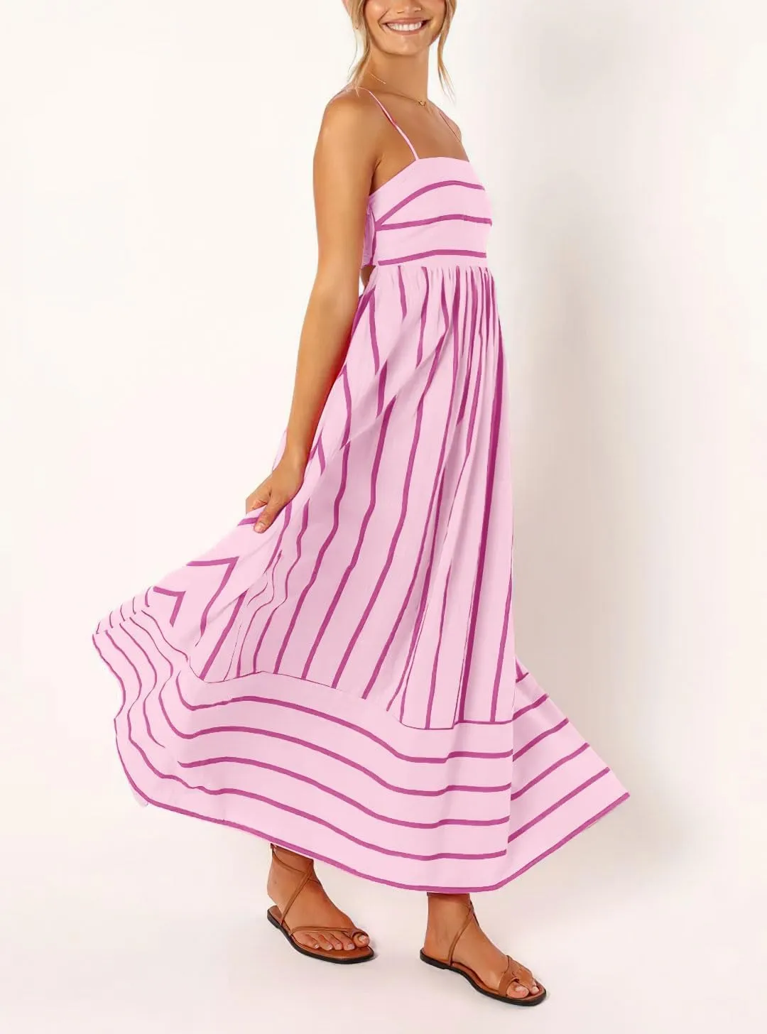 utcoco Womens Summer Striped Back Smocked Maxi Sundresses Spaghetti Strap Cut Out Flowy Swing A Line Long Dress