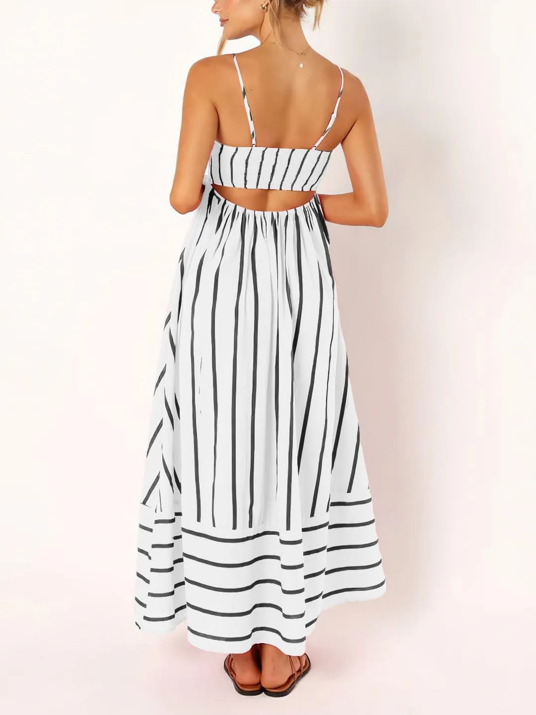 utcoco Womens Summer Striped Back Smocked Maxi Sundresses Spaghetti Strap Cut Out Flowy Swing A Line Long Dress