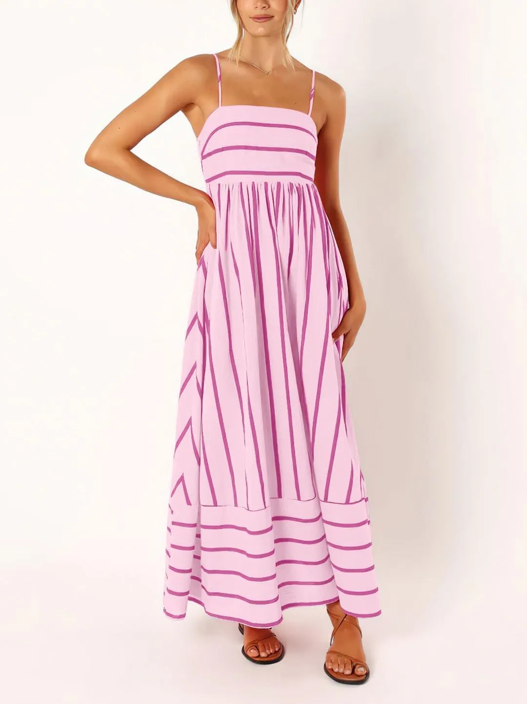 utcoco Womens Summer Striped Back Smocked Maxi Sundresses Spaghetti Strap Cut Out Flowy Swing A Line Long Dress