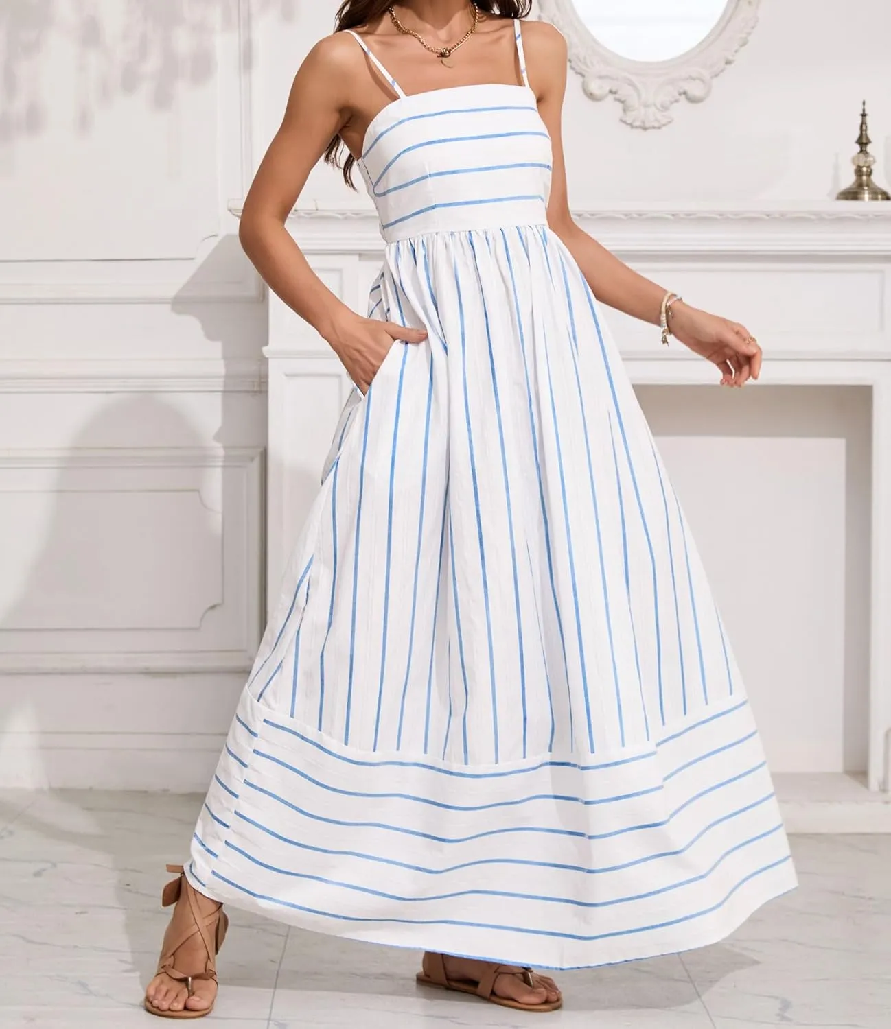 utcoco Womens Summer Striped Back Smocked Maxi Sundresses Spaghetti Strap Cut Out Flowy Swing A Line Long Dress
