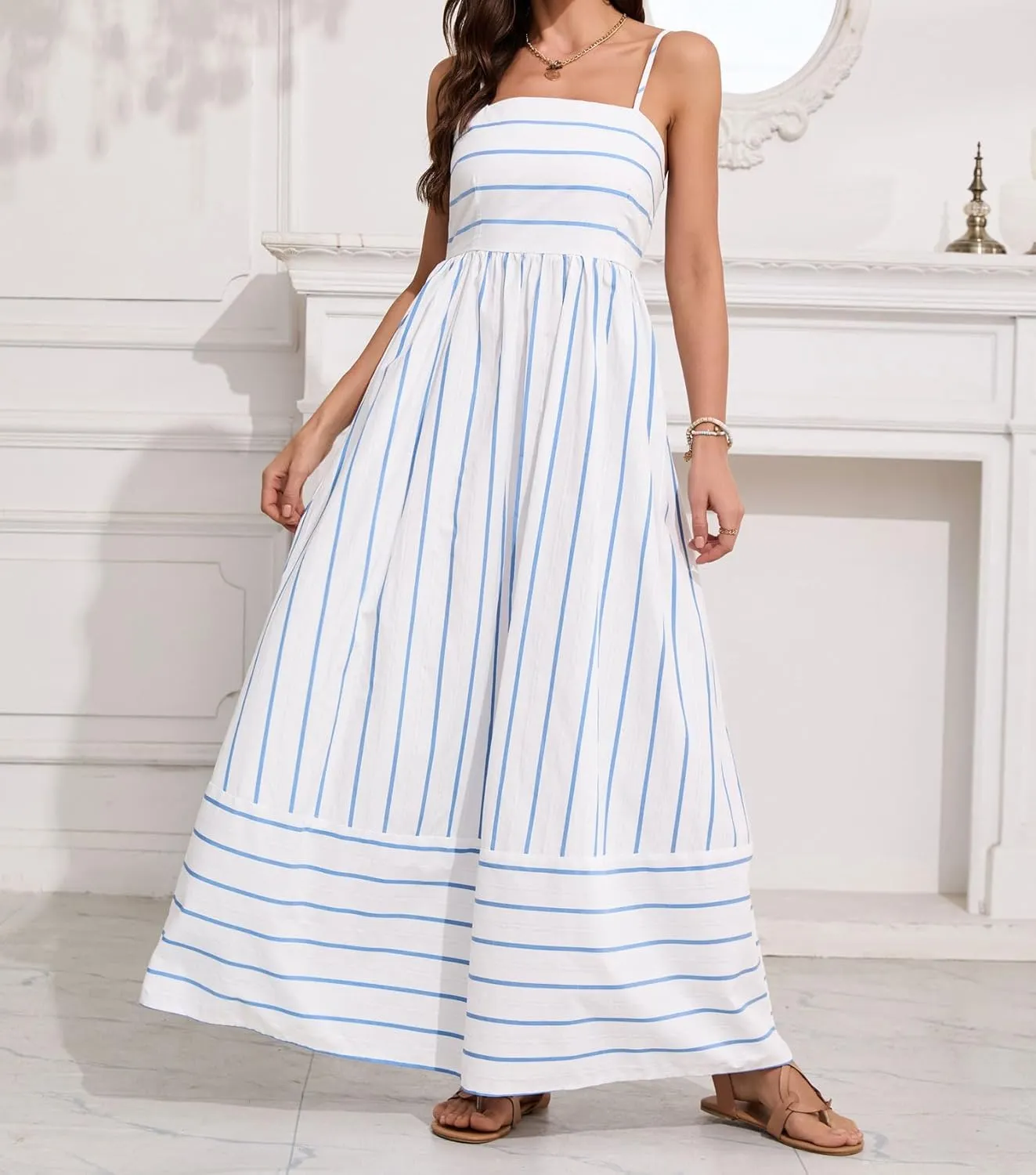 utcoco Womens Summer Striped Back Smocked Maxi Sundresses Spaghetti Strap Cut Out Flowy Swing A Line Long Dress