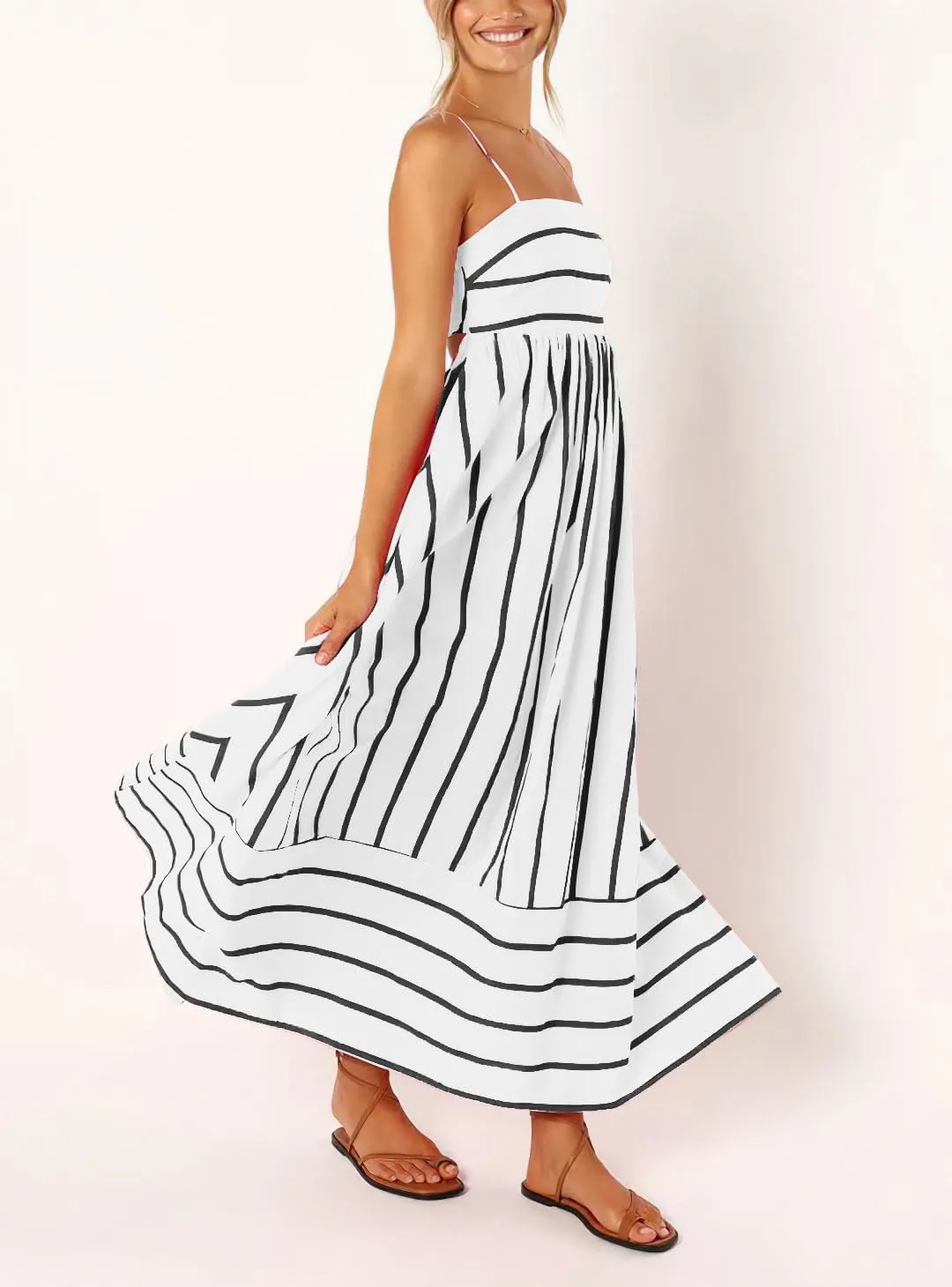 utcoco Womens Summer Striped Back Smocked Maxi Sundresses Spaghetti Strap Cut Out Flowy Swing A Line Long Dress