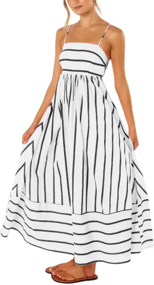 utcoco Womens Summer Striped Back Smocked Maxi Sundresses Spaghetti Strap Cut Out Flowy Swing A Line Long Dress