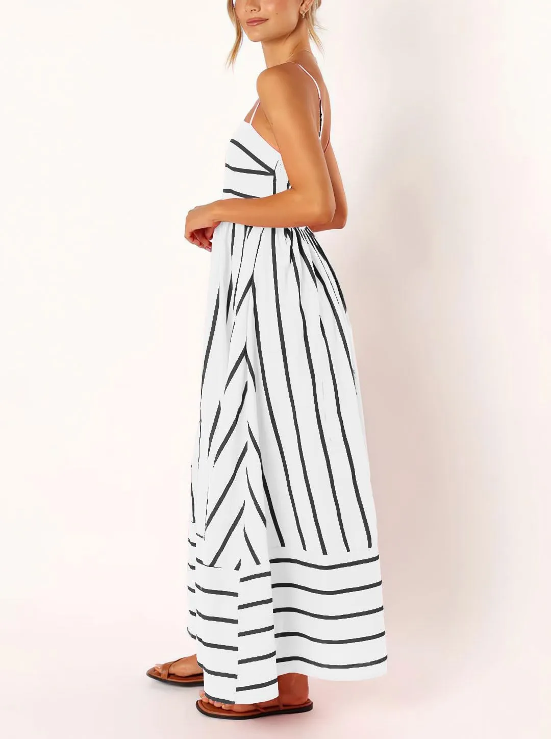 utcoco Womens Summer Striped Back Smocked Maxi Sundresses Spaghetti Strap Cut Out Flowy Swing A Line Long Dress