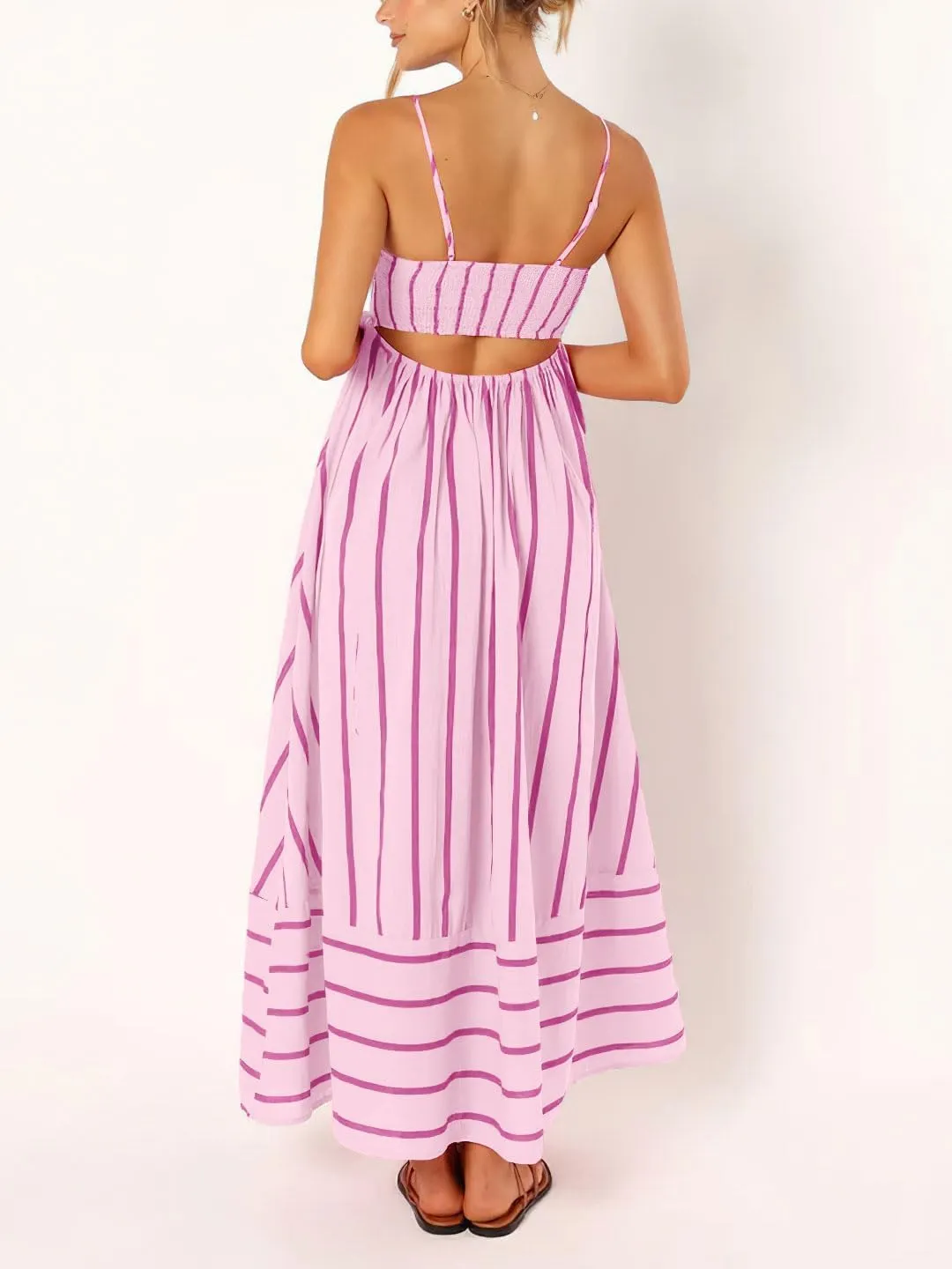 utcoco Womens Summer Striped Back Smocked Maxi Sundresses Spaghetti Strap Cut Out Flowy Swing A Line Long Dress