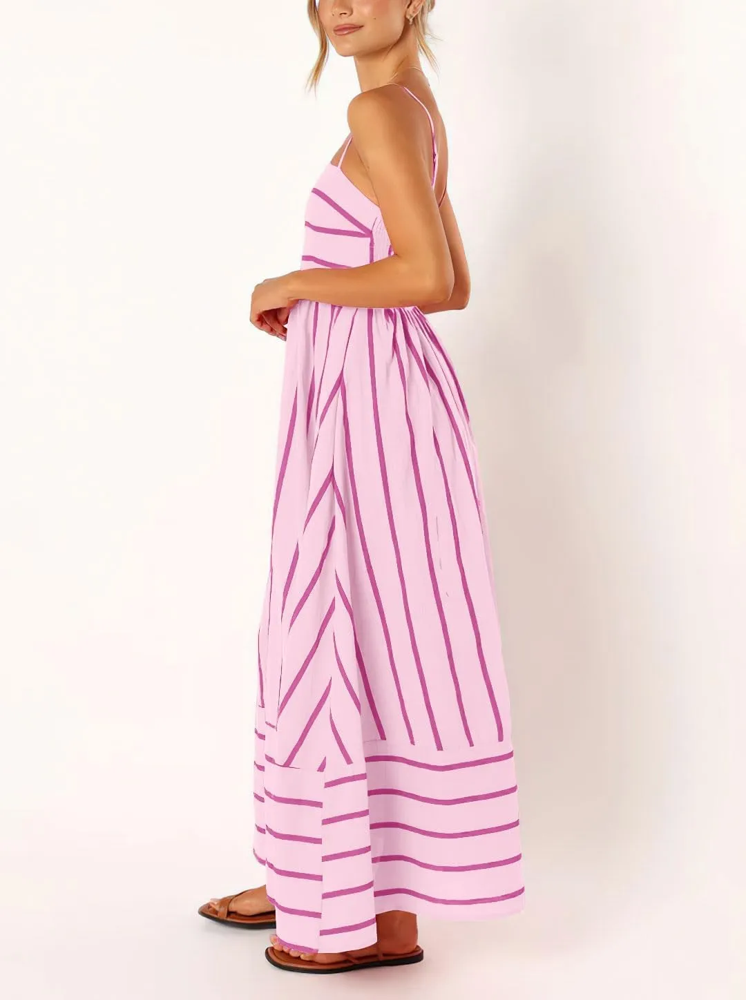 utcoco Womens Summer Striped Back Smocked Maxi Sundresses Spaghetti Strap Cut Out Flowy Swing A Line Long Dress
