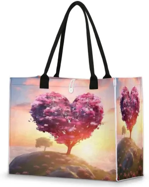 Valentine's Day Hillside Tree Large Beach Tote Bag for Women Reusable Grocery Bag with Sturdy Handles Inside Zipper Pocket Portable Gift Bag for Work Travel Shopping Pool Beach Fitness Daily Use