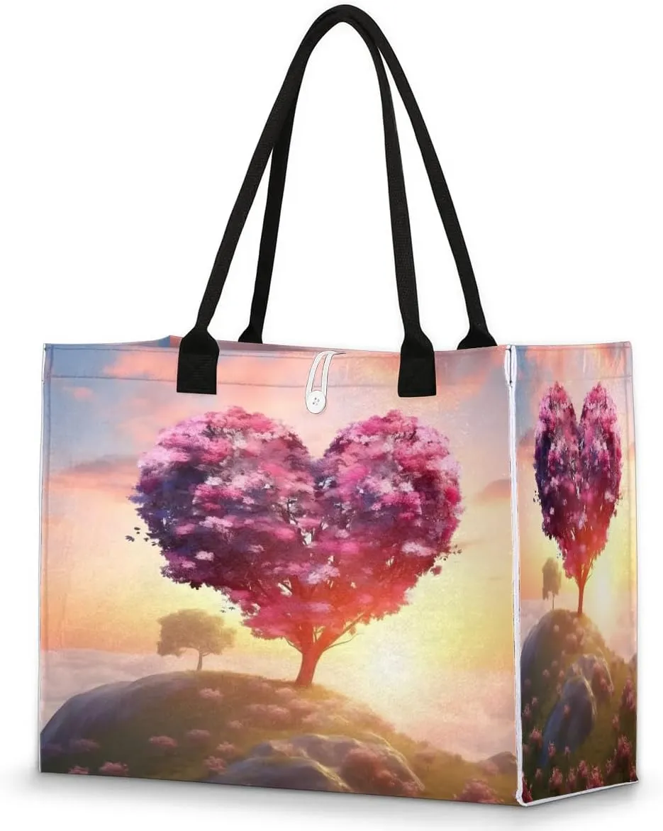 Valentine's Day Hillside Tree Large Beach Tote Bag for Women Reusable Grocery Bag with Sturdy Handles Inside Zipper Pocket Portable Gift Bag for Work Travel Shopping Pool Beach Fitness Daily Use
