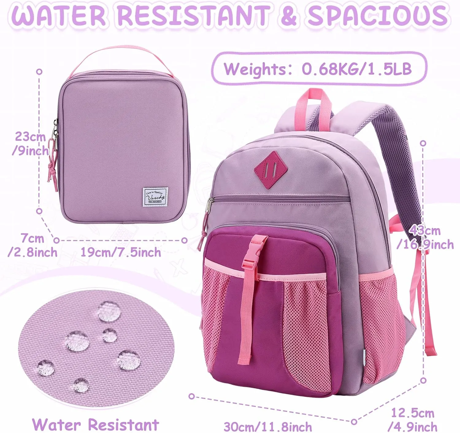 VASCHY Kids Backpack Lunch Bag Set, 2-1 School Bookbag Insulated Lunch Box for Toddlers,Preschool,Daycare,Kindergarten,Elementary School Pink